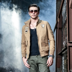 Men's khaki military canvas jacket with vintage embroidery patches and ribbed cuffs