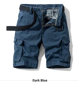 Detailed view of navy cargo shorts with multiple pockets and a black woven belt
