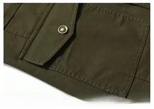 Detail of military green jacket featuring reinforced twill fabric and vintage metal buttons