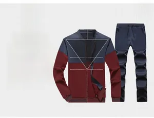 Slim fit men's tracksuit detail showing navy and burgundy zip jacket with joggers