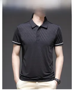 Close-up of black ice silk Polo shirt featuring white edge cuffs and vertical stripes