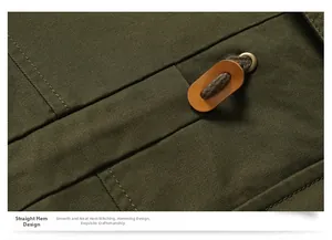 Detail of dark olive canvas jacket hem featuring leather drawstring patches and metal eyelets