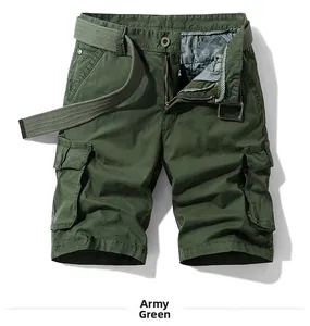 Detail of army green cargo shorts showing inner checkered waistband and durable belt