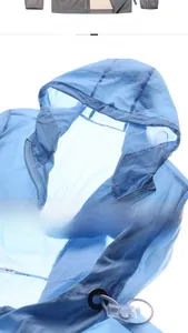 Detail of light blue sun protection jacket showing hood design and drawstring toggles