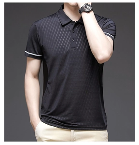Detailed close-up of premium ice silk polo shirt fabric with striped texture and white cuffs