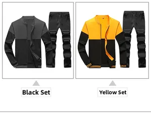 Detail view of men's athletic sets in black and yellow featuring stand collars and drawstring pants
