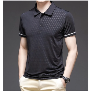 Detail of black ice silk polo shirt featuring white stripes and classic three-button collar