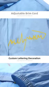 Detail view of the adjustable hood drawstring and stylish letter print on sun protection jacket