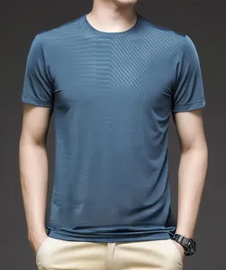 Detail of blue men's ice silk T-shirt showing breathable micro-mesh fabric texture
