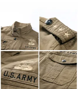 Vues détaillées de la veste en coton style armée avec écussons et pattes d'épaule