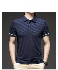Close-up of navy blue ice silk polo shirt with white stripe sleeve detail and ribbed collar