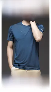 Close-up of breathable ice silk fabric texture on navy blue men's sport T-shirt