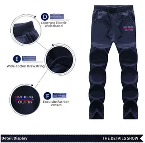 Detail view of navy blue cotton joggers featuring elastic waist and drawstring design