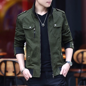 Men's Military Style Jacket Washed Cotton Stand Collar Multi Pocket Casual Outerwear Coat For Men Slim Fit Windbreaker