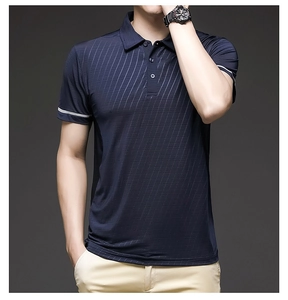 Close-up of navy blue ice silk polo shirt with fine vertical texture and ribbed collar