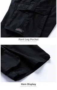 Close-up of side cargo pockets and hem details on black stretch cotton work shorts