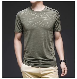 Detailed texture of army green ice silk mesh fabric on men's athletic t-shirt