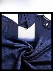 Detail view of dark blue ice silk T-shirt showing breathable mesh texture and fine stitching