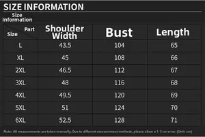 Detailed size chart for men's lightweight vest showing measurements from L to 6XL sizes