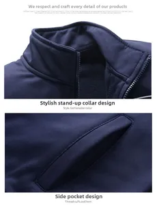 Detail of the stand collar zipper and side pockets on a men's navy blue athletic tracksuit