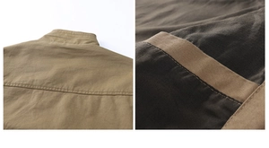 Détails de la veste de travail en coton kaki montrant le col montant et la texture sergé