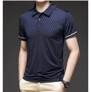Detail of navy ice silk polo shirt with micro-mesh texture and diagonal stripe accents