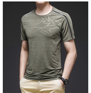 Detail of army green ice silk T-shirt featuring geometric lightning pattern and shoulder zipper