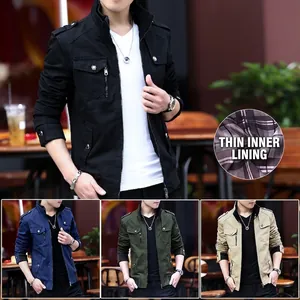 Men's slim-fit military jacket with stand collar and epaulettes in four classic colors