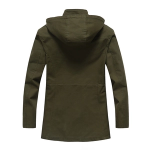 Men's army green mid-length hooded jacket with casual back view in durable canvas