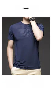 Detail view of men's navy blue ice silk T-shirt showing breathable fabric and texture