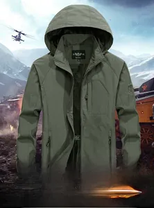 Detailed view of olive green tactical hooded jacket with embroidered badges and zip pockets