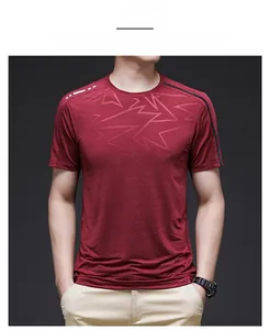Detail of burgundy men's ice silk T-shirt showing breathable hollow mesh and geometric patterns