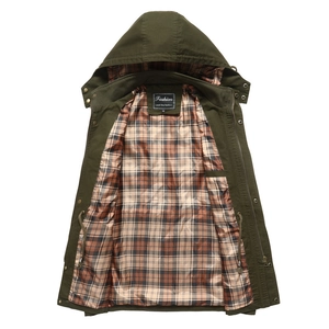 Men's army green mid-length military jacket with classic plaid lining and drawstring hood