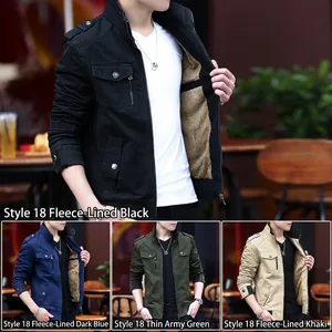 Men's casual military-style stand collar jacket available in black, navy, and army green