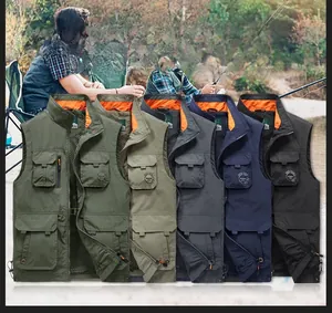 Detail view of multi-pocket functional outdoor fishing vests in five assorted colors