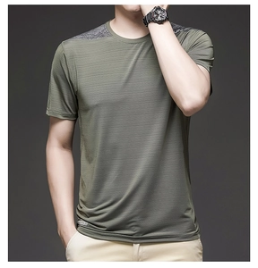 Detail view of olive green ice silk t-shirt featuring breathable texture and RUN print