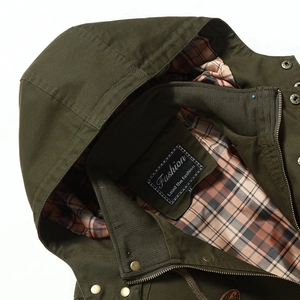 Men's military green hooded parka with classic plaid lining and durable canvas fabric