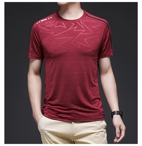 Detail of dark red ice silk sports T-shirt featuring geometric patterns and knit texture