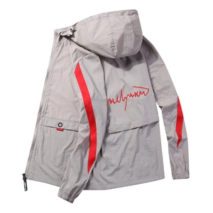 Men's thin grey sun protection jacket with red accents and a hooded ice silk design