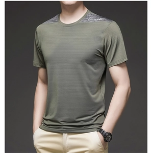 Close-up of olive green ice silk t-shirt featuring grey shoulder panels and GORUN logo