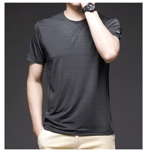 Close-up of dark grey ice silk t-shirt featuring geometric diamond texture and crew neck