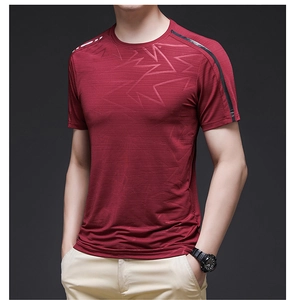 Detail of burgundy ice silk t-shirt featuring mesh texture and asymmetric shoulder stripes