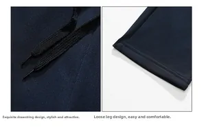 Detail view of dark blue joggers with adjustable waist drawstring and loose hem design
