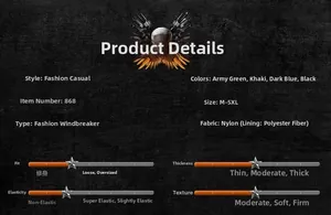 Detailed chart showing nylon material specs and size range for men's outdoor windbreaker