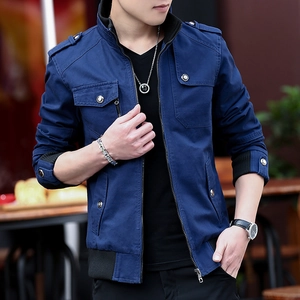 Men's navy blue casual utility jacket with stand collar and decorative shoulder epaulets
