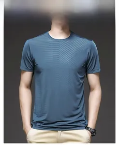 Detail of blue men's ice silk T-shirt showing breathable diagonal stripe texture