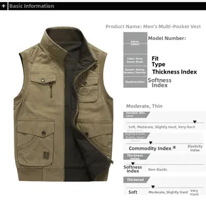 Detail view of cotton outdoor vest featuring multi-pocket design and standing collar