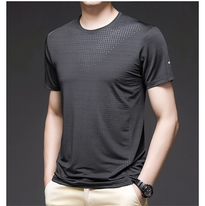 Detail of dark gray ice silk t-shirt featuring breathable jacquard grid texture