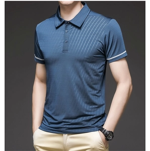 Detail of navy ice silk polo shirt featuring textured diagonal stripes and white sleeve trim