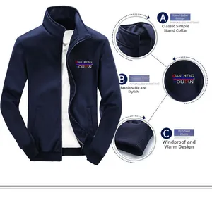 Detail view of navy blue track jacket with stand collar and ribbed cuffs for sports wear